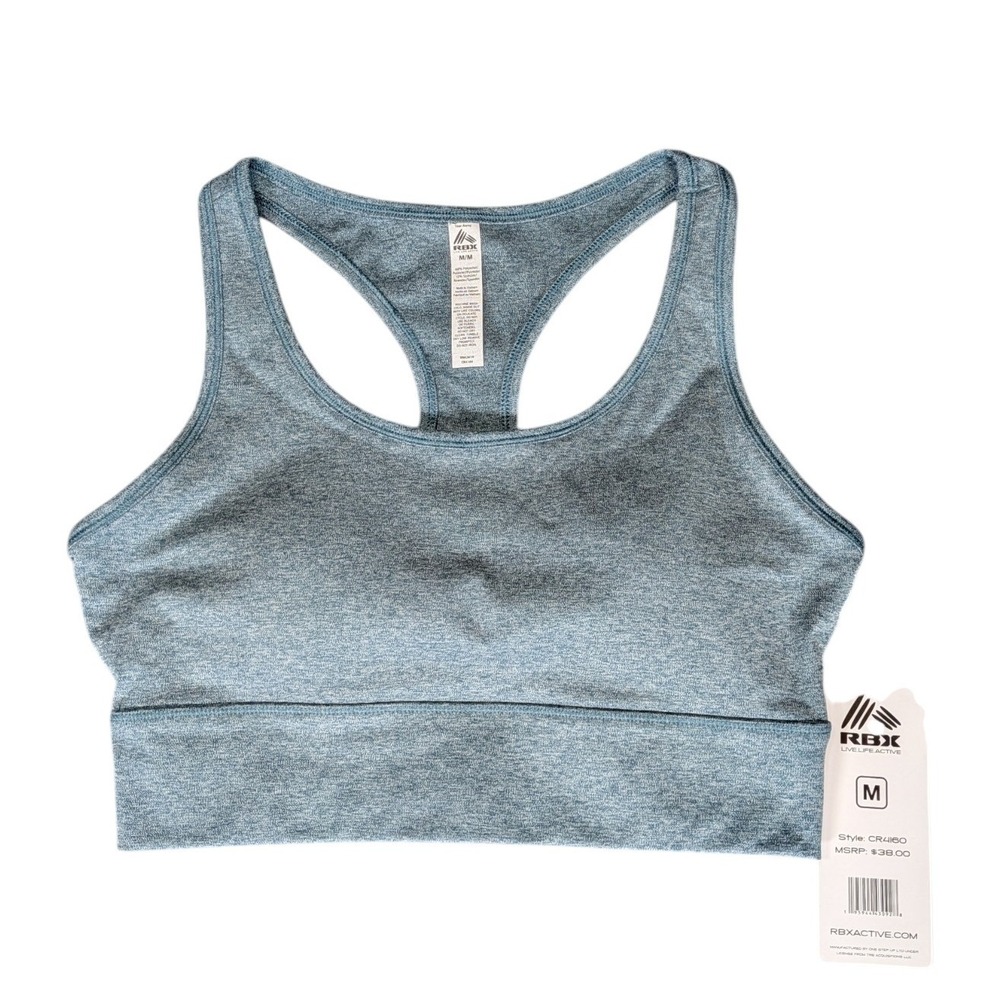 RBX Active Women Medium Blue Gray Heathered Racerback Sports Bra CR4160 NWT